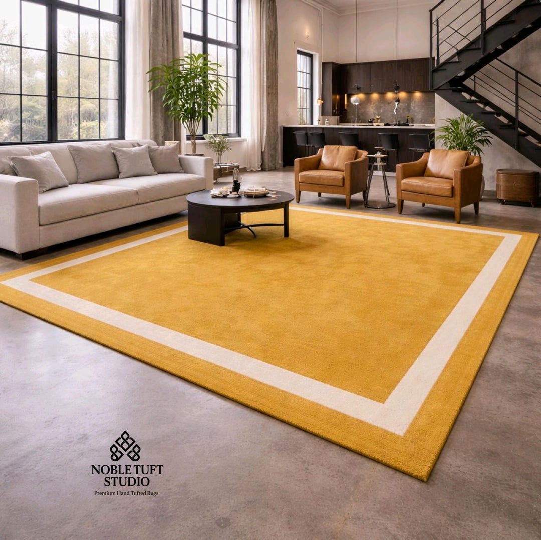 Mustard Yellow Wool Area Rug, Modern Bordered Carpet, Hand Tufted ...