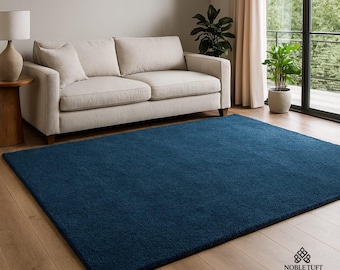 Hand Tufted Wool Area Rug, Solid Navy Blue, Modern Minimalist