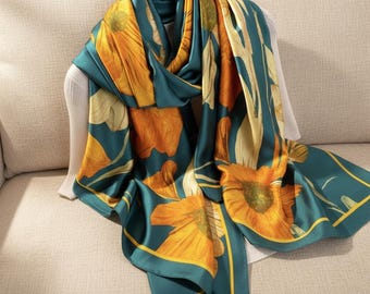 Istia Large Silk Feel Scarf 43", Luxury Square Head Wrap, Elegant Satin Hijab, Oversized Floral Shawl, Designer Style Wrap, Gift for Women