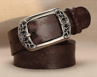 Women's Vintage Leather Belt – Classic Silver Pin Buckle, Retro Minimalist Waist Belt for Jeans & Dresses, High-Quality Fashion Belt for Her