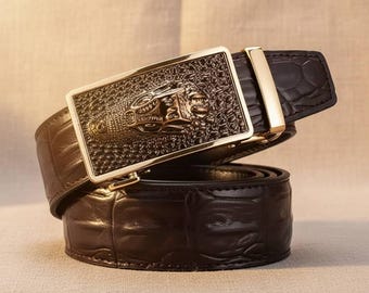 Men's Modern Automatic Belt – Textured Matte Buckle, Luxury Two-Layer Cowhide Leather, Adjustable No-Hole Ratchet Belt, Sleek Business Gift