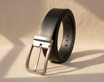 Men's Genuine Leather Classic Belt–Polished Chrome Pin Buckle, Premium First-Layer Cowhide, Elegant Formal Dress Belt, Timeless Gift for Him