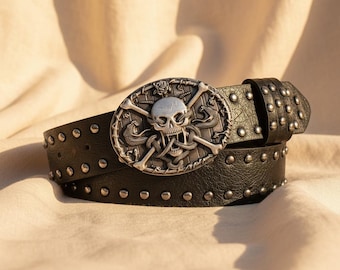 Skull Studded Punk Belt –Vintage Gothic Leather Belt with Metal Eyelets,Silver Skull Hardware,Rocker Grunge Waistband,Alternative Streetwear