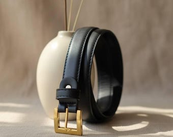 Women's Genuine Cowhide Leather Belt – Luxury Soft Leather Waistband, Minimalist Gold Oval Buckle, Timeless Designer Style Dress Belt, Gift