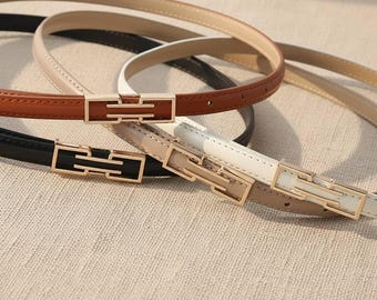 Women's Minimalist Leather Belt – Sleek Gold Square Buckle, Slim Korean Fashion Waist Belt for Dresses & Trousers,Elegant Everyday Accessory