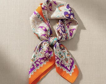 Inaya 27" Silk Feel Square Scarf, Elegant Neck Scarf for Women, Satin Hair Bandana, Chic Handbag Ribbon, Floral Head Wrap, Gift for Her