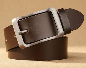 Men's Genuine Full-Grain Leather Belt – Retro Brass Pin Buckle, Rugged Handmade Style Waistband, Durable Work Belt, Timeless Heritage Gift