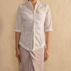 Modern Kebaya Long Sleeve Mandalas Embroidered Jacket, Tencel Jacquard Floral Outer, Indonesian Heritage Blouse, Elegant Boho Chic Wrap