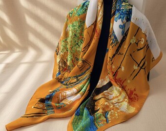 Luxury Large Silk Feel Scarf 43", Kiky Square Head Wrap, Elegant Satin Hijab, Oversized Floral Shawl, Designer Style Scarf, Gift for Women