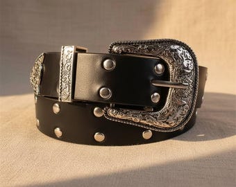 Women's Y2K Vintage Leather Belt – Retro Star Engraved Buckle, Korean Style Aesthetic Waistband, Harajuku Streetwear Accessory, Gift for Her