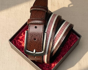 Men's Hybrid Canvas & Leather Belt – Sleek Automatic Ratchet Buckle, Durable Nylon Webbing with Leather Accents,Modern Tech Casual Waistband