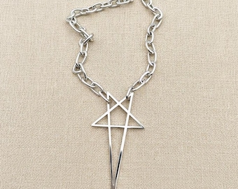 Collar con cadena de pentagrama extragrande, gargantilla industrial cyberpunk de acero inoxidable