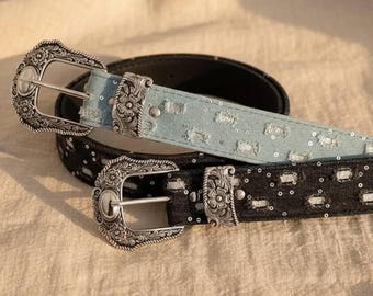 Studded Punk Leather Belt – Silver Eyelet & Rivet Gothic Waistband, Y2K Grunge Aesthetic Belt, Harajuku Streetwear Accessory for Men - Women