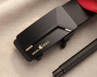 Men's Luxury Ratchet Belt – Modern Geometric Automatic Buckle, Genuine Leather Dress Belt, Adjustable No-Hole Fit, Sleek Executive Gift