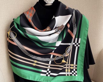 Andrina 35" Equestrian Silk Feel Scarf, Luxury Horse Print Head Wrap, Texturized Square Neck Scarf, Heritage Style Bandana, Gift for Her