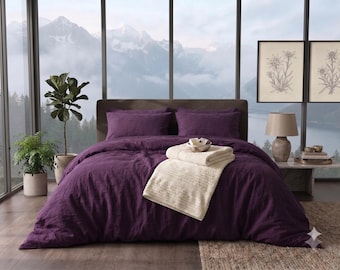 Plum Stone Washed Linen Duvet Cover, Deep Purple Bedding, Queen King Sizes