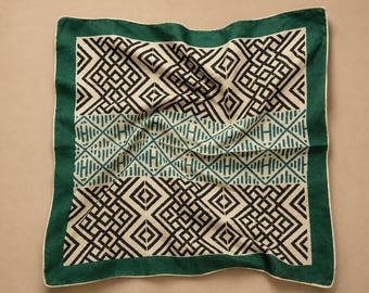 Hand Block Print Cotton Scarf | Geometric Boho Bandana, Green Blue Square Neck Scarf