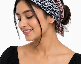 Hand Block Print Bandana Scarf | Boho Bagru Textile Headband, Black Maroon White