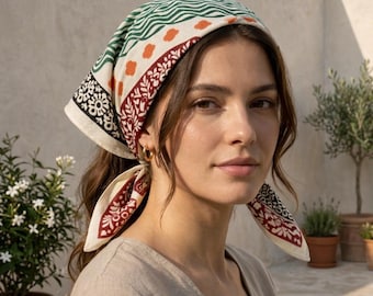 Hand Block Print Cotton Bandana | Boho Unisex Head Scarf, Neck Wrap