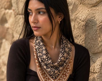 Boho Cotton Bandana, Brown Beige Handblock Print Scarf, Vintage Style Neckerchief, Hair Wrap