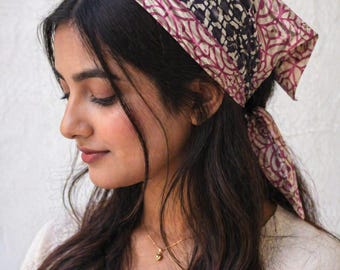 Hand Block Print Cotton Scarf, Pink Blue Geometric Bandana, Boho Headscarf, Bagru Print Textile