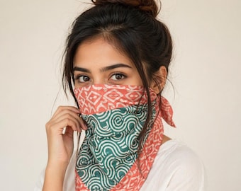 Handmade Cotton Bandana Scarf, Boho Headband, Bagru Print Pet Bandana, Face Cover, Hair Accessory