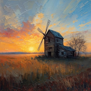 May include: An oil painting of a rustic wooden windmill at sunset. The sky is a blend of orange, yellow, and blue hues, with the sun setting on the horizon. The windmill stands on a grassy hill, with a leafless tree nearby.