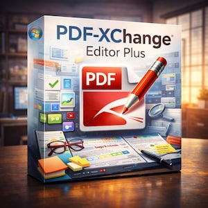 Könnte beinhalten: Produktbox für die Software PDF-XChange Editor Plus. Die Box zeigt das Windows-Logo und ein großes PDF-Symbol mit einem roten Bleistift. Der Hintergrund zeigt eine digitale Oberfläche mit verschiedenen Symbolen und einem Laptop-Bildschirm.