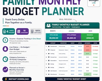 Family Monthly Budget Planner Excel | Household Expense & Income Tracker Spreadsheet Template