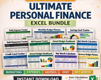 Ultimate Personal Finance Excel Bundle | Budget, Expense, Debt, Savings Trackers (Digital Download)