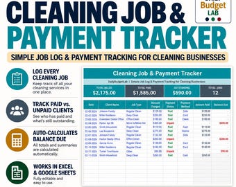 Cleaning Business Tracker | Job Log & Payment Tracker Excel Template | Client Payment Spreadsheet | Excel and Google Sheets