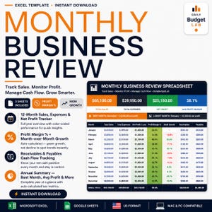 Monthly Business Review Spreadsheet Excel | Profit/Expense Tracker | Sales & Cash Flow Template
