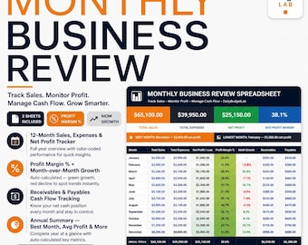 Monthly Business Review Spreadsheet Excel | Profit/Expense Tracker | Sales & Cash Flow Template