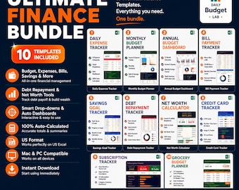 Ultimate Personal Finance Excel Bundle | 10-in-1 Budget, Debt, Savings & Expense Tracker Spreadsheet