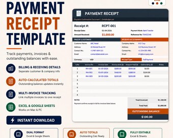 Payment Receipt Template | Invoice Payment Tracker with Outstanding Balance Calculator | Bank Transfer Receipt | Editable Excel/Google Sheet