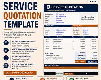 Service Quotation Template Excel | Client Quote & Estimate Sheet | Auto-Calculated Totals | Google Sheets Compatible