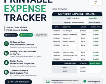 Printable Monthly Expense Tracker Excel | Simple Minimal Expense Spreadsheet