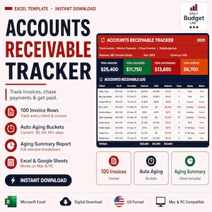 Può includere: Un modello Excel per il monitoraggio della contabilità clienti con una dashboard per registri fatture, stato dei pagamenti e scadenze. L'interfaccia digitale mostra dati finanziari per il 2025, inclusi i totali fatturati, incassati e in sospeso.