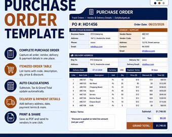 Purchase Order Template Excel | Small Business Order Management | Google Sheets Compatible