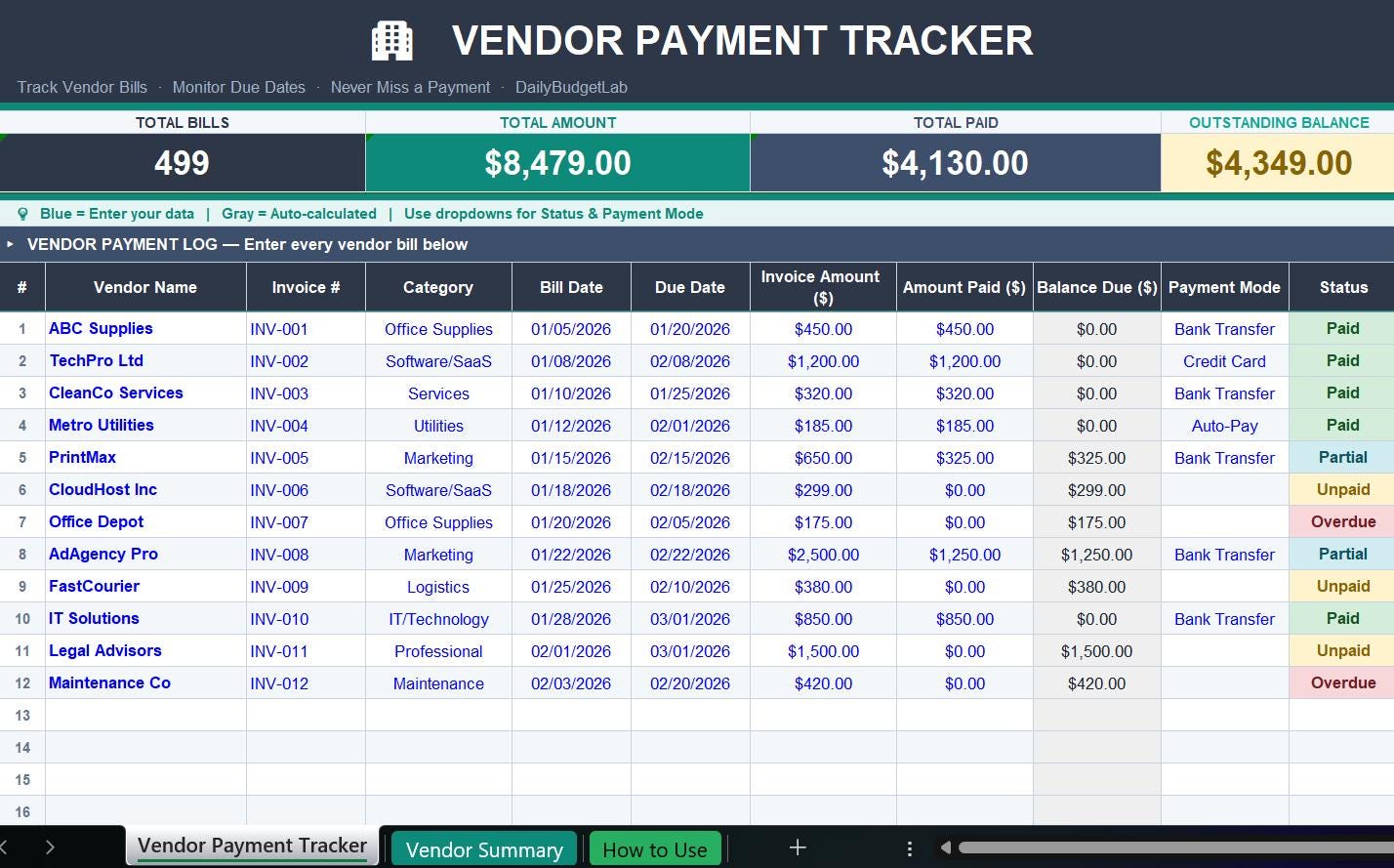 Vendor Payment Tracker Excel | Invoice & Bill Management (excel/google ...