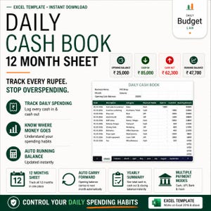 May include: A Daily Budget Lab Excel template for a 12-month daily cash book. The layout features text headers, icons for tracking spending, and a sample spreadsheet showing columns for date, description, category, payment mode, cash in, cash out, and running balance.