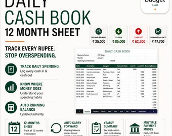 Daily Cash Book Spreadsheet for Small Businesses | 12-Month Cash Flow Tracking
