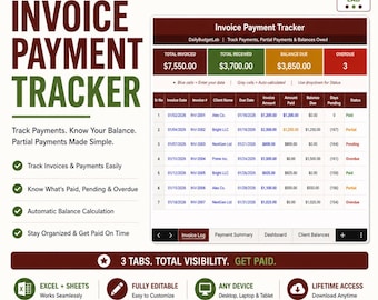 Invoice Payment Tracker Excel Template | Partial Payments & Balance Due Dashboard | Google Sheets Compatible