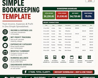 Simple Bookkeeping Excel Template | Income & Expense Tracker, Monthly Profit Dashboard | Google Sheets Compatible