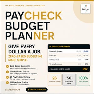 May include: A digital paycheck budget planner template with a cream background. The title "PAYCHECK BUDGET PLANNER" is in large black and gold letters. Key features include zero-based budgeting, sinking funds tracker, and 26 pay periods history. The template is an instant download.