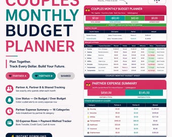 Couples Monthly Budget Planner Excel | Joint Expense & Income Tracker Spreadsheet Template