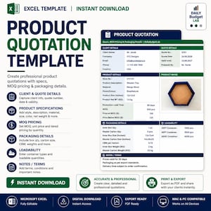 Op de afbeelding: Een digitaal productsjabloon voor offertes in Microsoft Excel met secties voor klantgegevens, productspecificaties, MOQ-prijzen, verpakkingsdetails en laadvermogen, inclusief een voorbeeldafbeelding van een zeshoekig houten dienblad.