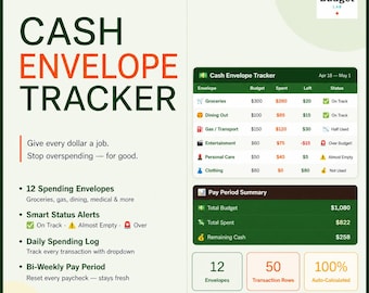 Cash Envelope Budget Tracker Excel | Bi-Weekly Spending Planner | 12 Envelopes | Daily Transaction Log | Google Sheets | Digital Download