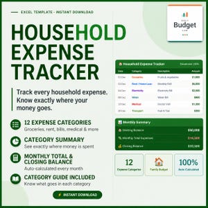 May include: A digital Excel template for a Household Expense Tracker featuring a green and white layout. It displays a sample expense table for December 2026, a monthly summary section, and lists 12 expense categories with auto-calculated totals.