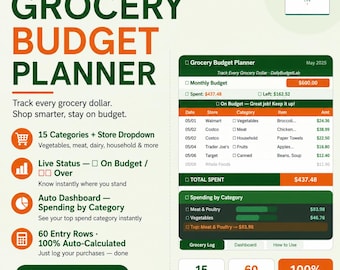 Grocery Budget Planner Excel Spreadsheet | Monthly Grocery Tracker | Spending Log | Digital Download